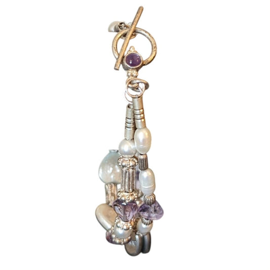 Sterling Rice Pearl Heart Shaped Freshwater Coin Pearls Amethyst Charm Bracelet