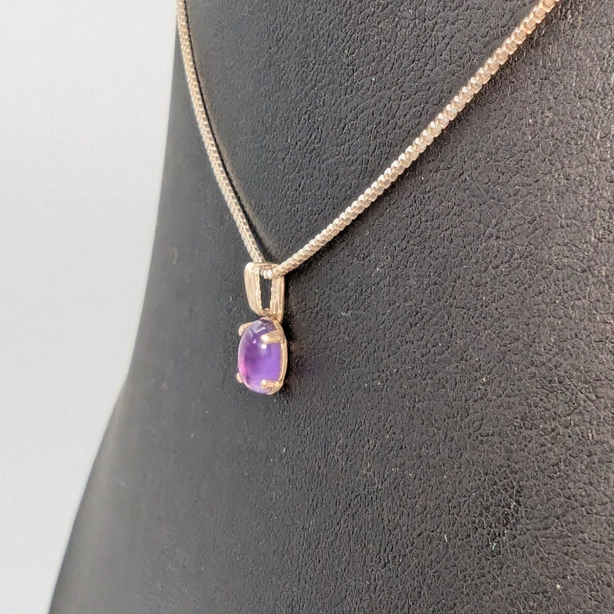 Vintage Sterling Silver Amethyst Cabochon Pendant Box Chain 16" Necklace