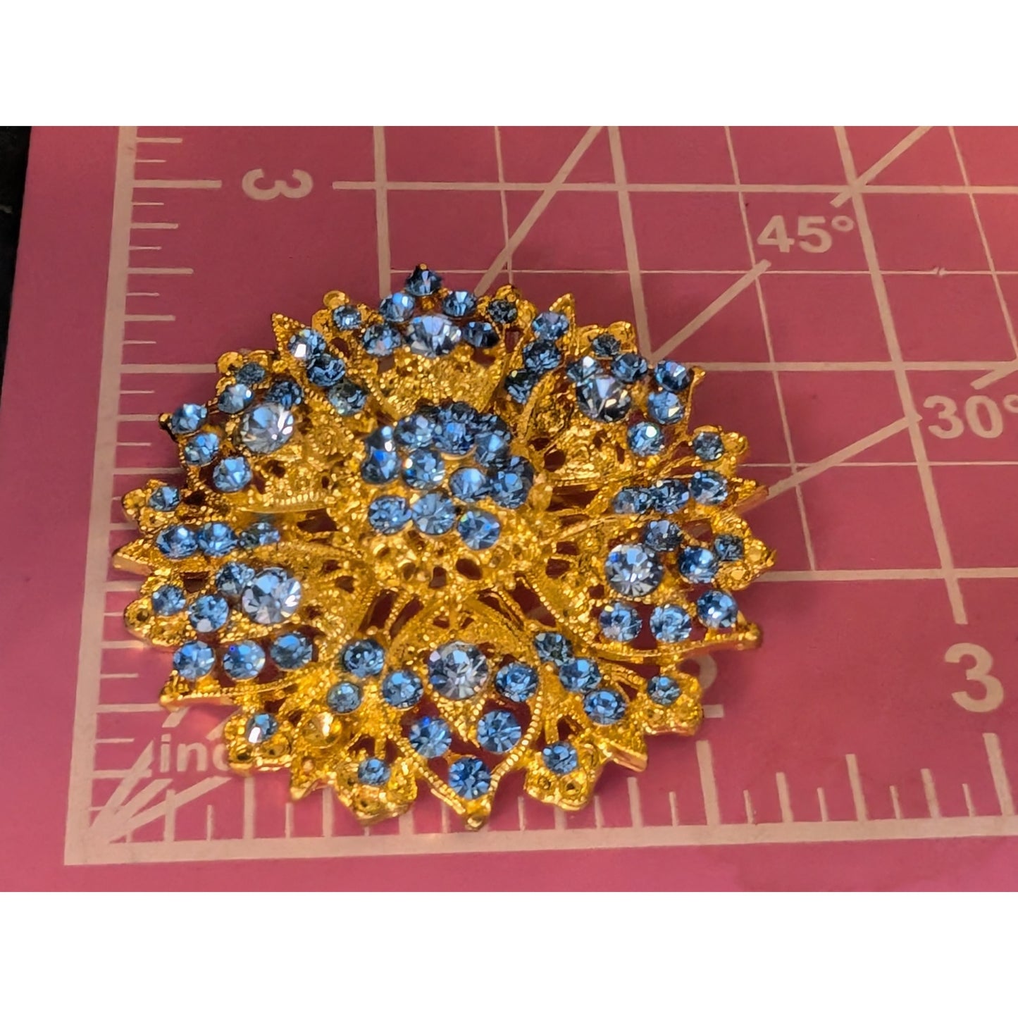 Gold Tone Blue Rhinestone Filigree Large Brooch