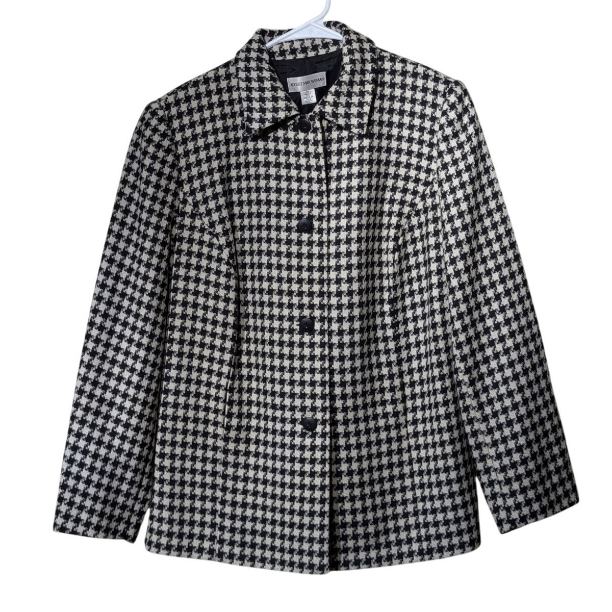 VTG August Max Woman Black/White Houndstooth Button Front Lined Jacket Sz 12W