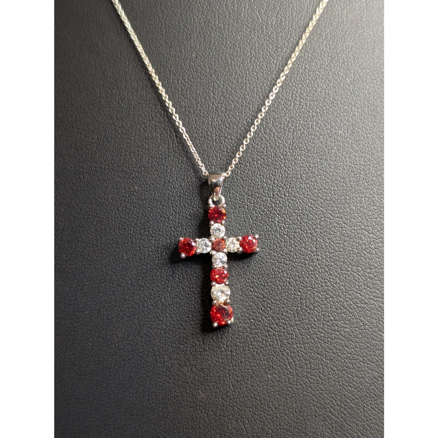 925 Sterling Silver Red & Clear Crystal Cross Pendant 18" Necklace