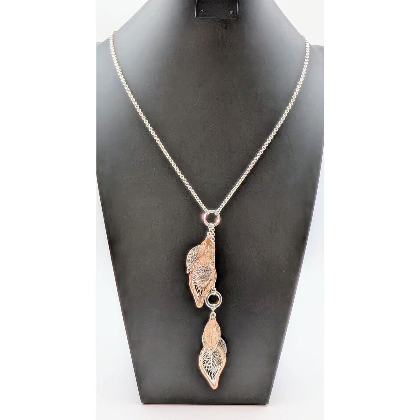 Silver & Rose Tone Dangle Veiny Leaf Dangles Long 30" Plus 6.25" Necklace