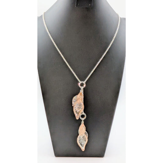 Silver & Rose Tone Dangle Veiny Leaf Dangles Long 30" Plus 6.25" Necklace