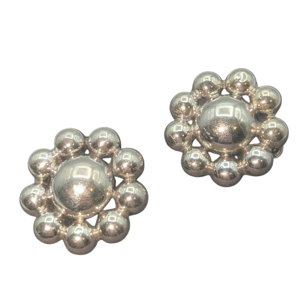 Vintage Taxco 925 Sterling Silver Domed Beaded Flower Clip On Earrings 13.19g