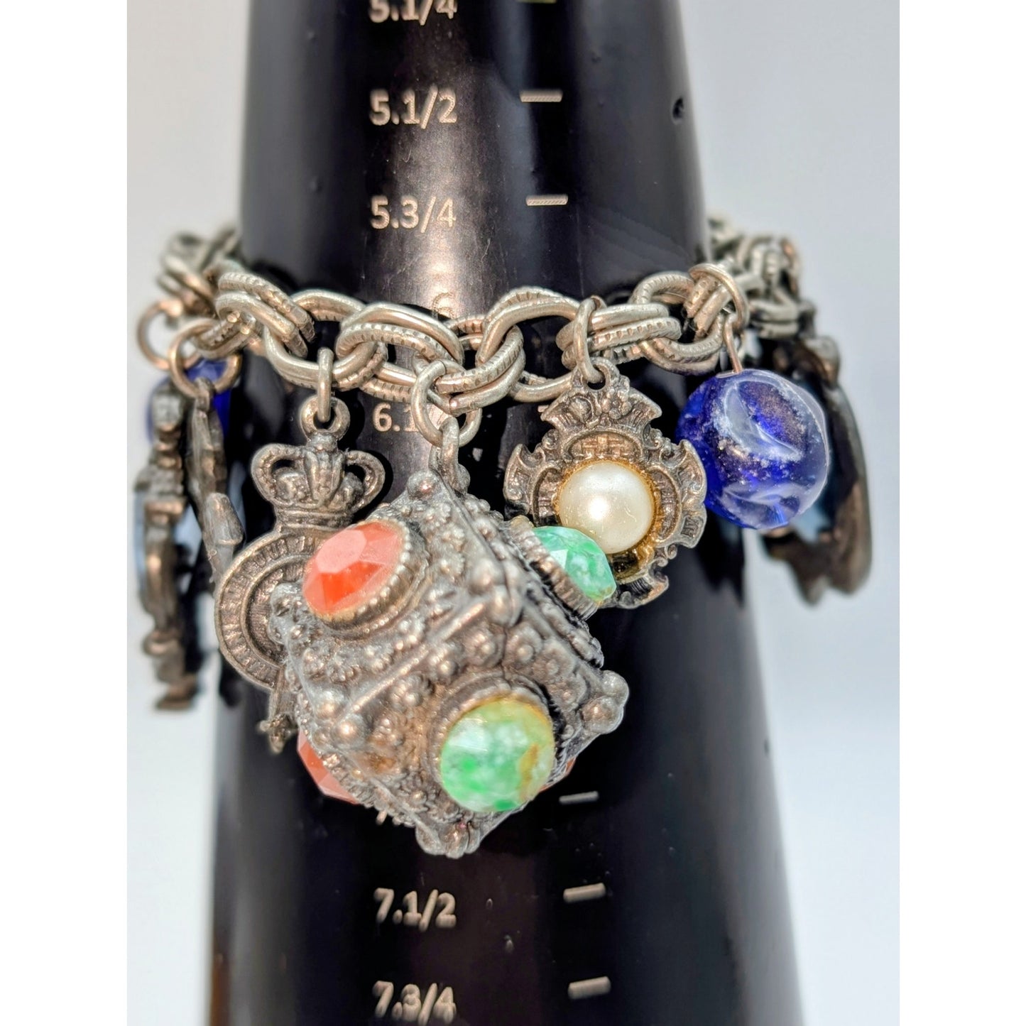 Vintage Silver Toned Fold Over Clasp Etruscan Heraldic Fob Chunky Charm Bracelet