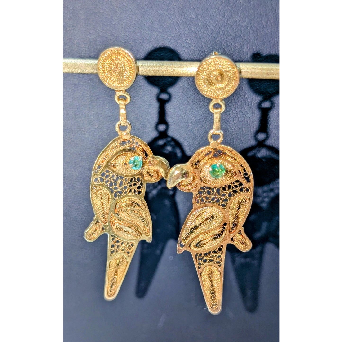 24K Gold Plated Artisan Created Filigree Parrot Dangle Pierced Earrings