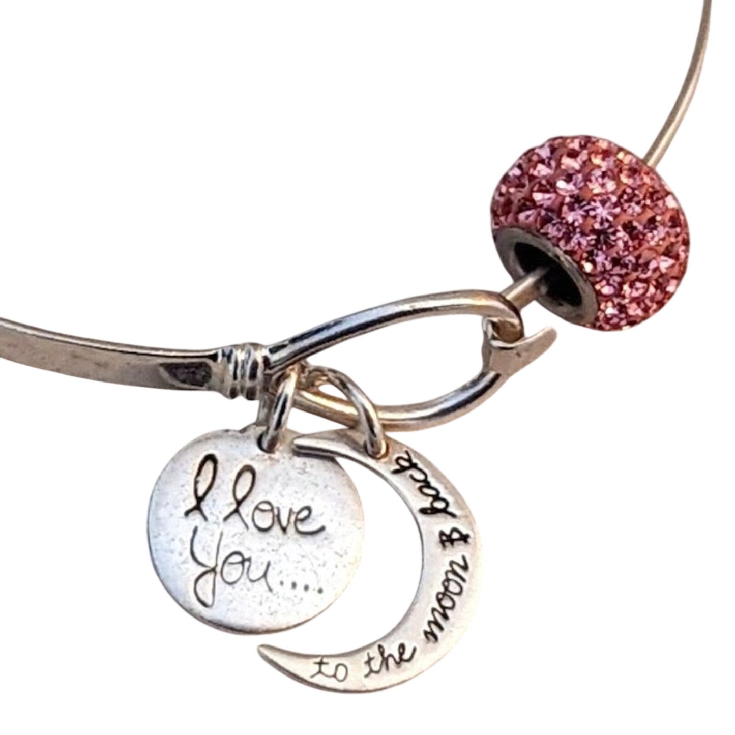925 I Love You To the Moon and Back Charmed Bangle with Pink Crystal Charm
