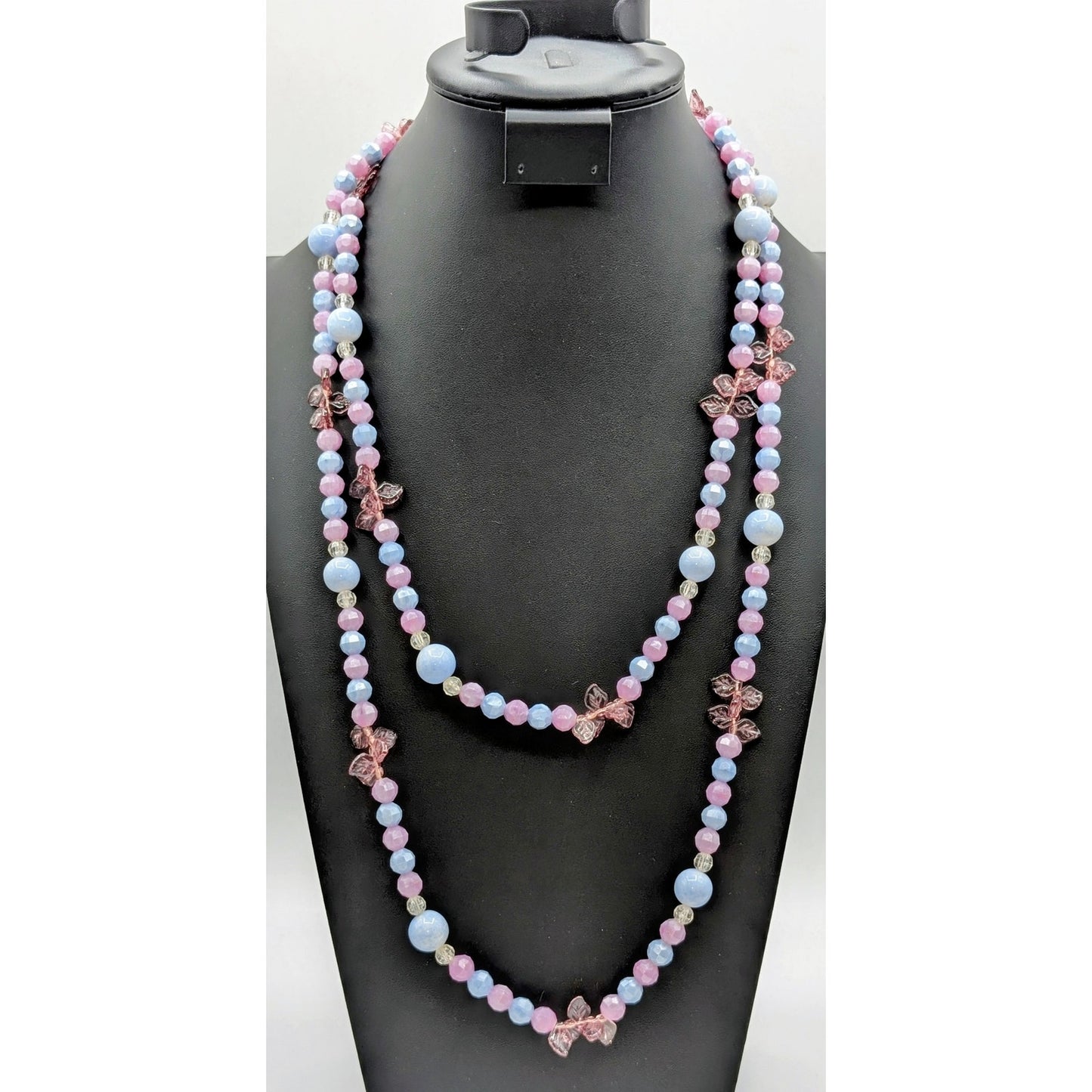 Vintage 60" Lavender Blue Acrylic & Glass & Leafy Beaded Necklace