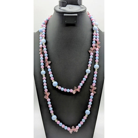 Vintage 60" Lavender Blue Acrylic & Glass & Leafy Beaded Necklace