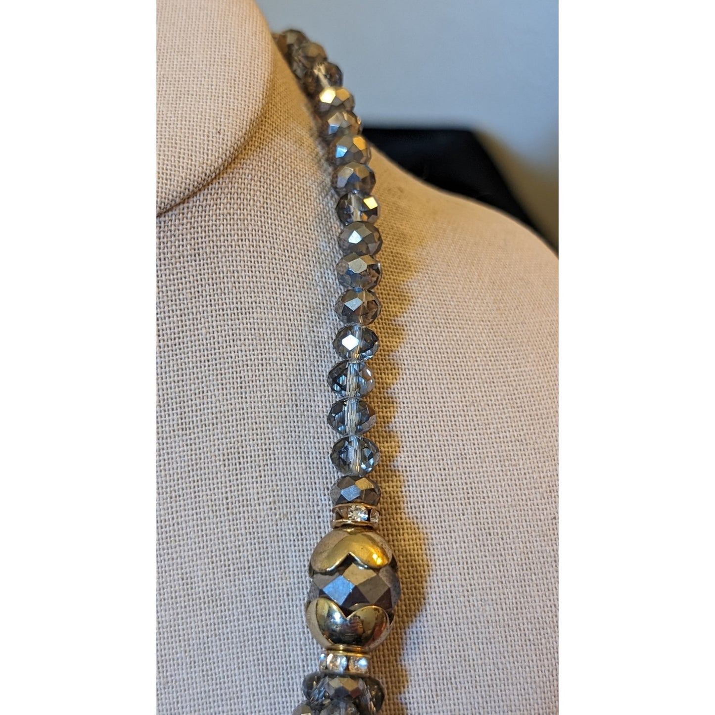 Smoky Gray, Metallic Crystal Bead, Gold Tone Rondelles, Scalloped Cap Necklace