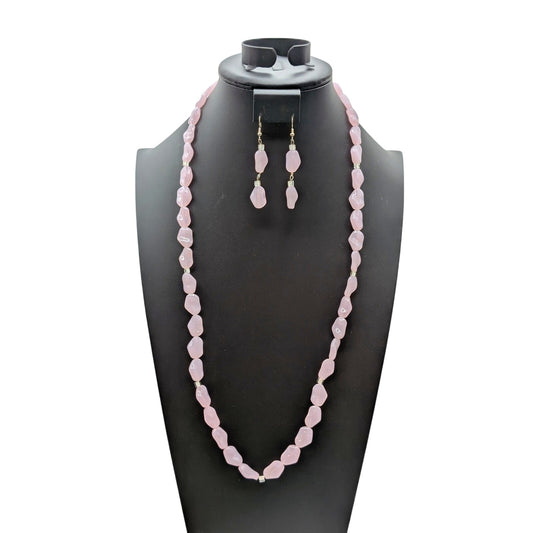 Petal Pink Glass & Square Crystal Bead 30" Necklace & 2.5" Dangle Earrings Set