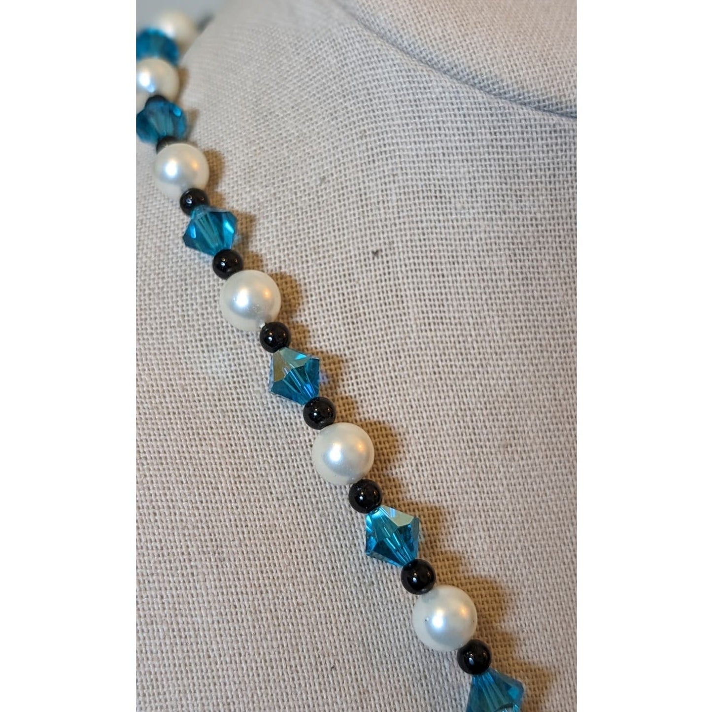Blue Crystal Bicone, Black Glass & Pearl Bead Necklace & Bracelet Set