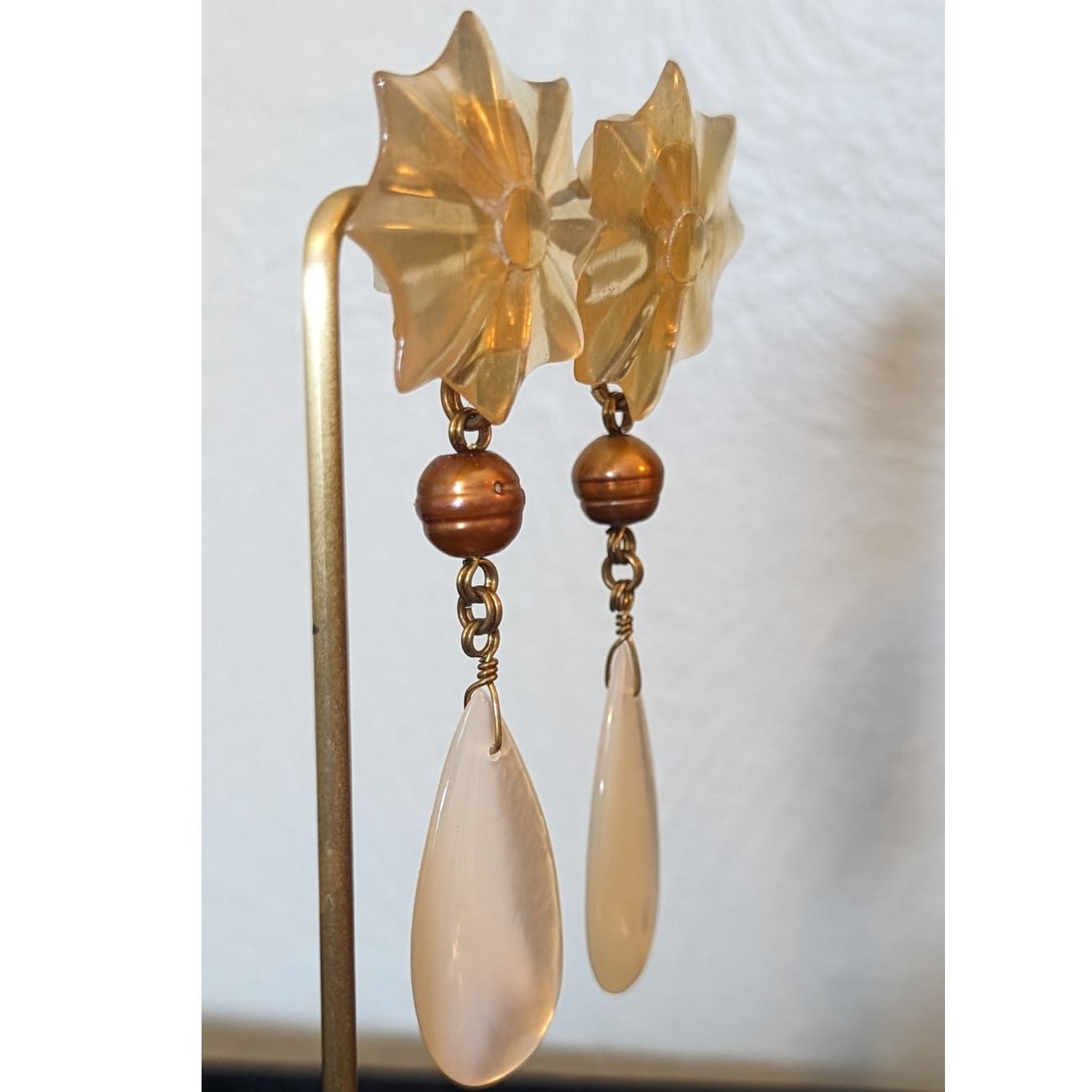Signed Stephen Dweck Sterling Flower Bronze Pearl Mother of Pearl Earrings