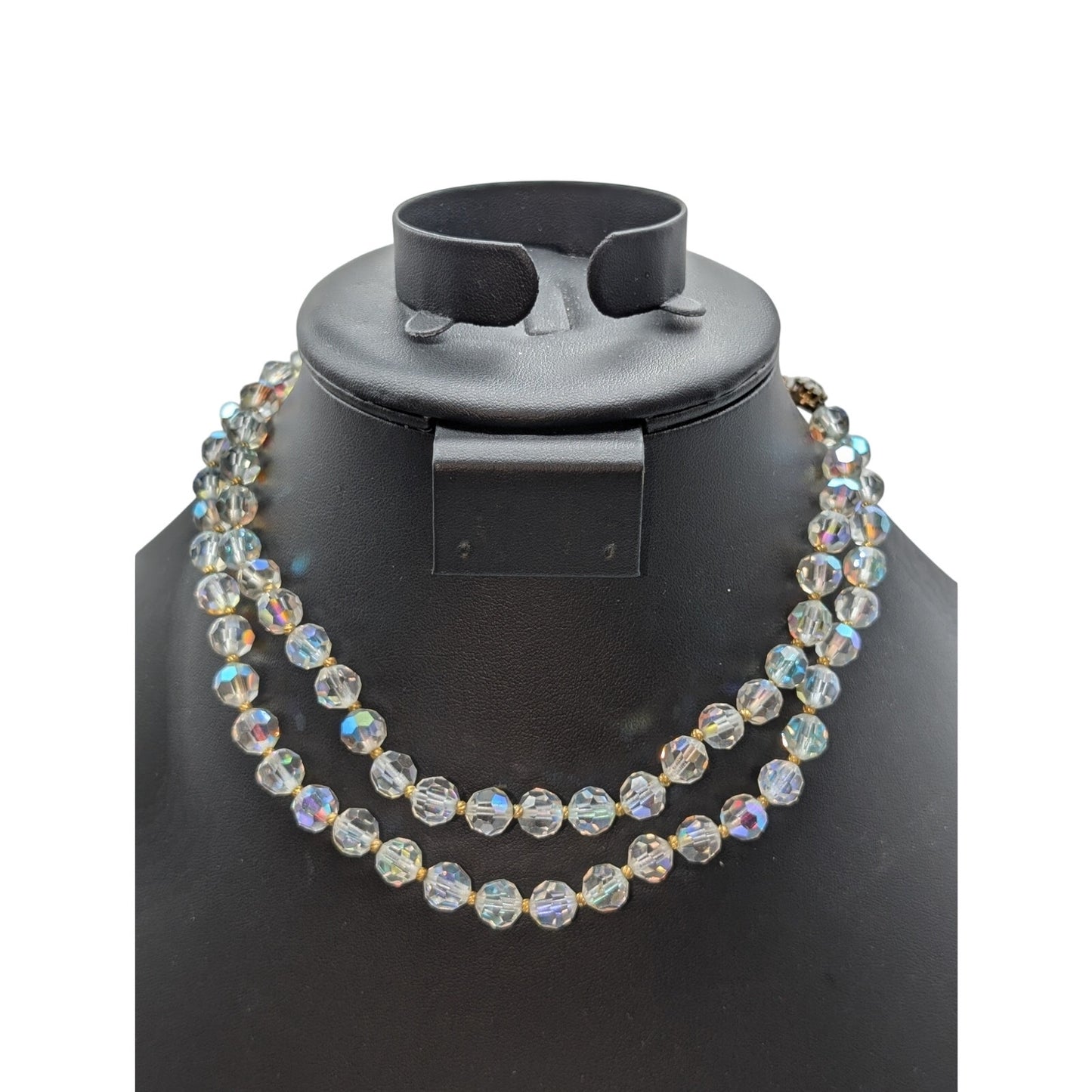 Vintage Double Strand Aurora Borealis Crystal Gold Bead  13"-15" Choker Necklace