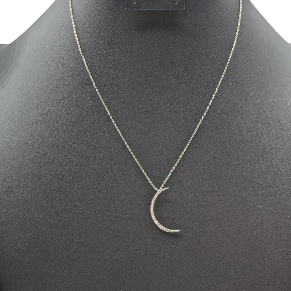 CZ Crescent Moon Pendant SB Hangtag Silver Tone Pendant 17"-18.5" Necklace