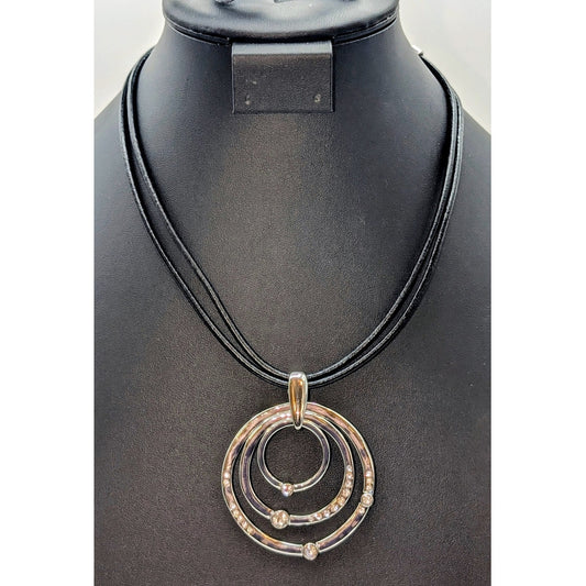 Chico's NWT Black Corded Hammered Silver Tone Rhinestone Circle Pendant Necklace