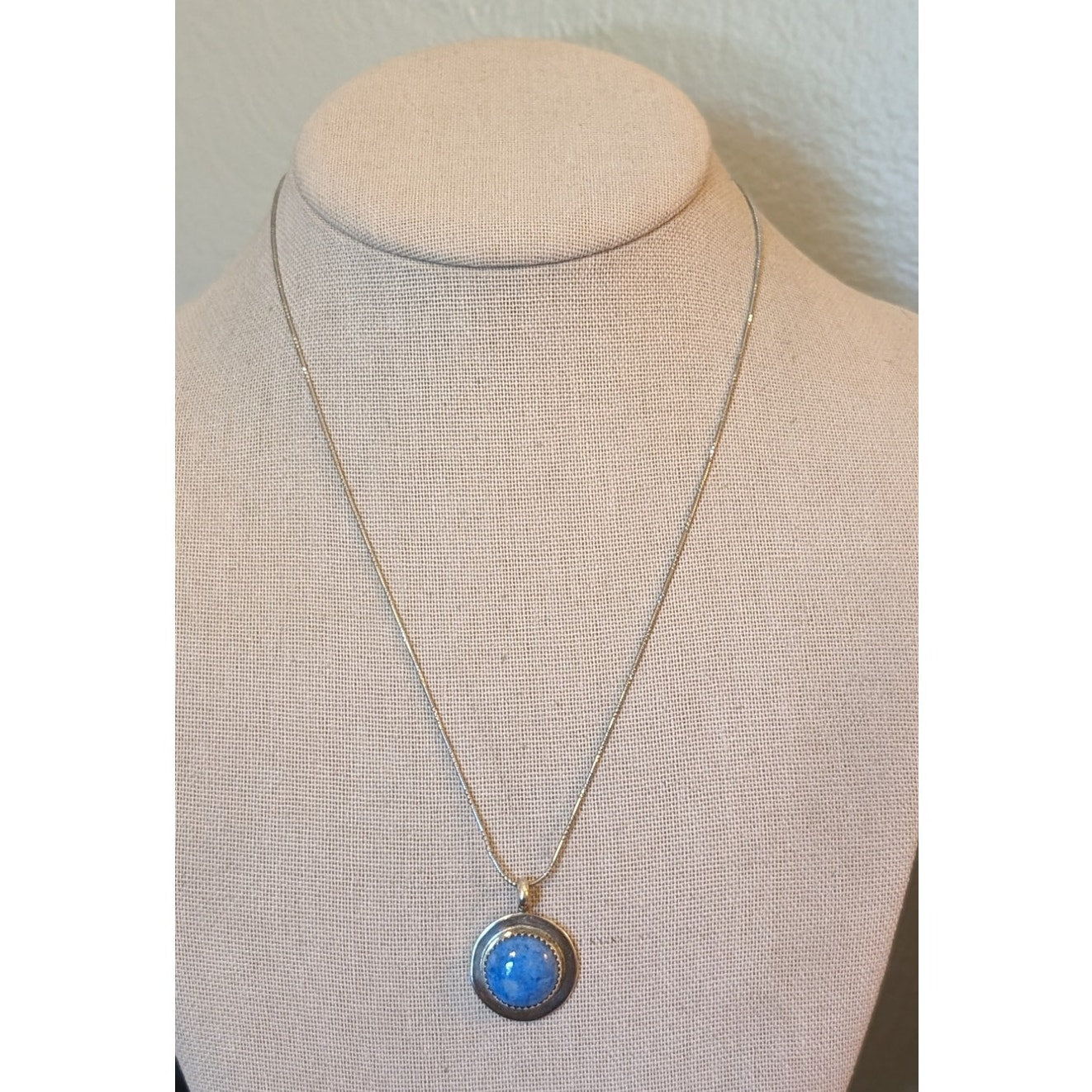 Signed OP Sterling Silver Round Blue Quartz on Unique Cut 925 18" Chain Necklace