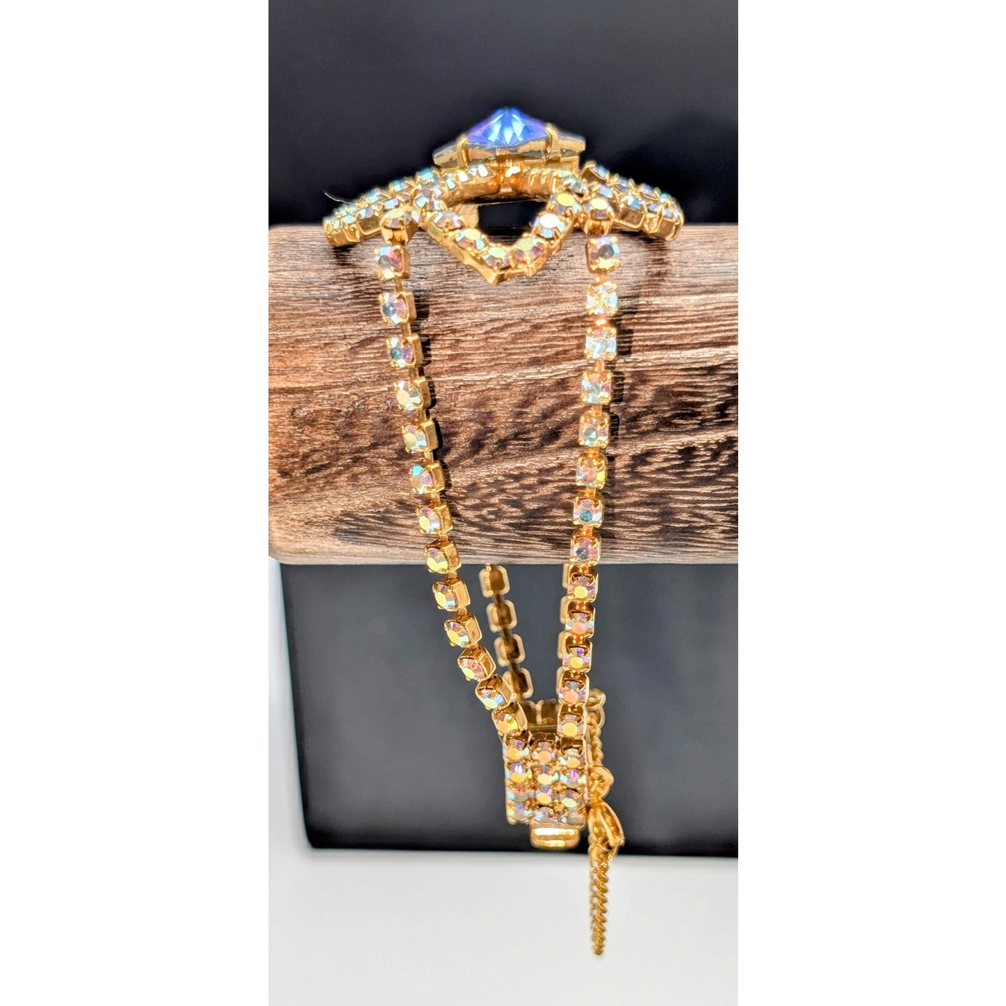 Vintage Mid-Century AB Crystal Rhinestone Gold Tone Bracelet W/ Safety Chain