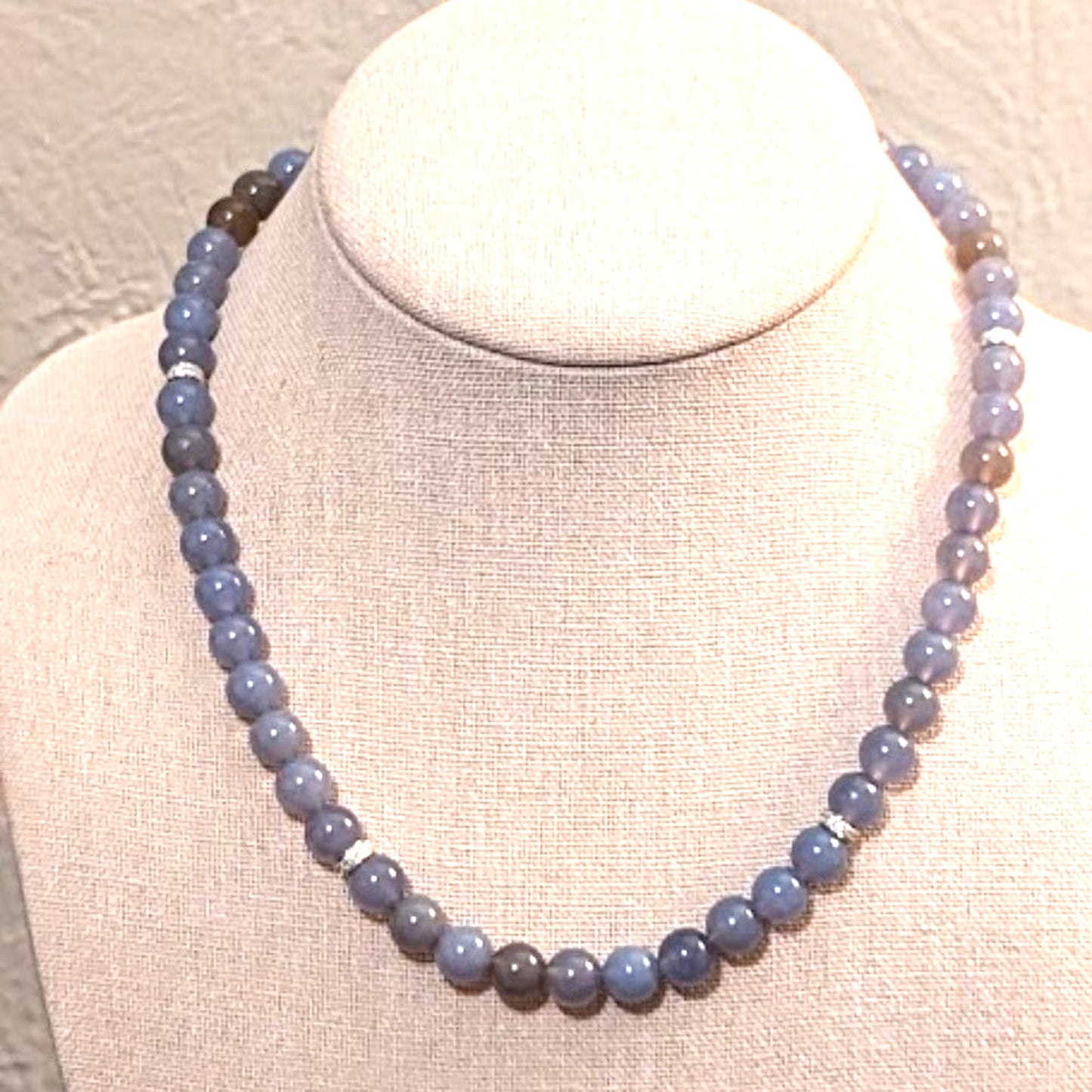 Vintage Genuine 14k White Gold and Diamond Chalcedony Bead 17.5" Necklace