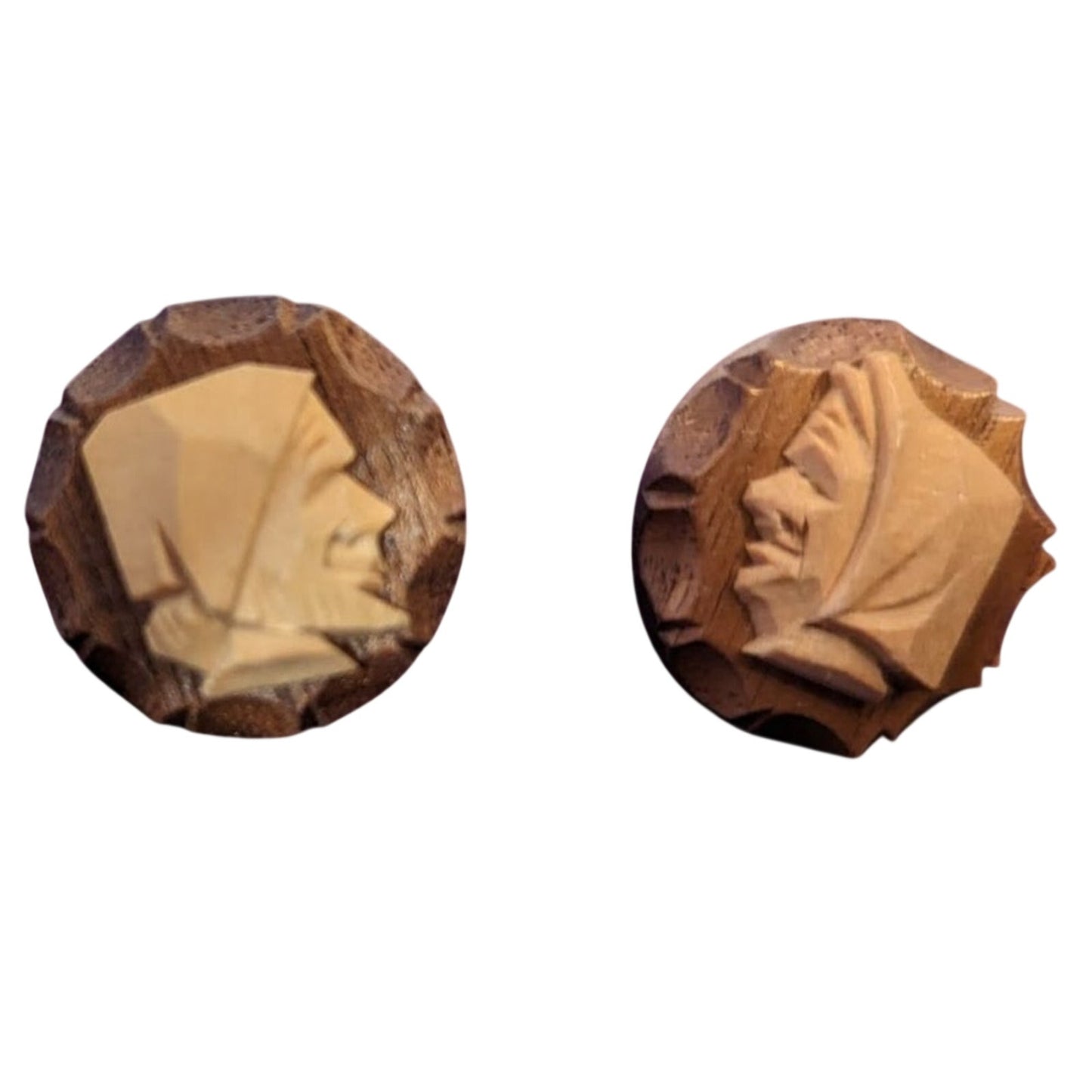 Vintage Wood Carved Cameo Man & Woman Screw Back Earrings