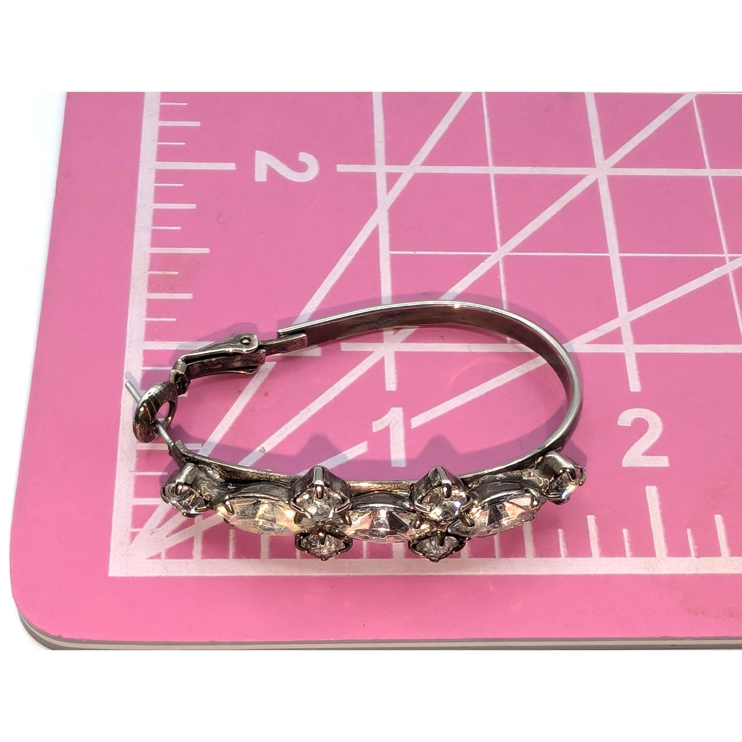 Silver Tone Front Long Prong Set Rhinestone Oblong Hoop Earrings