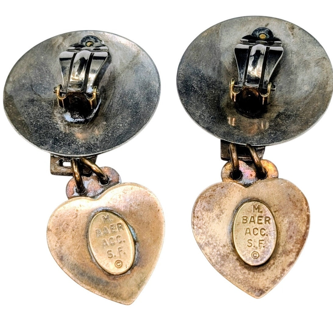Signed Marjorie Baer SF Mixed Metal Industrial Modern Heart Dangle Clip Earrings