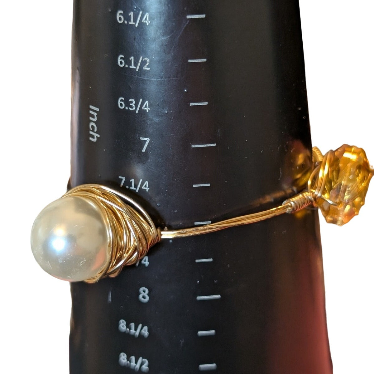 Two Chunky Wire Wrapped Gold Tone Faux Pearl Gem 2.5" Wide Bangle Bracelets