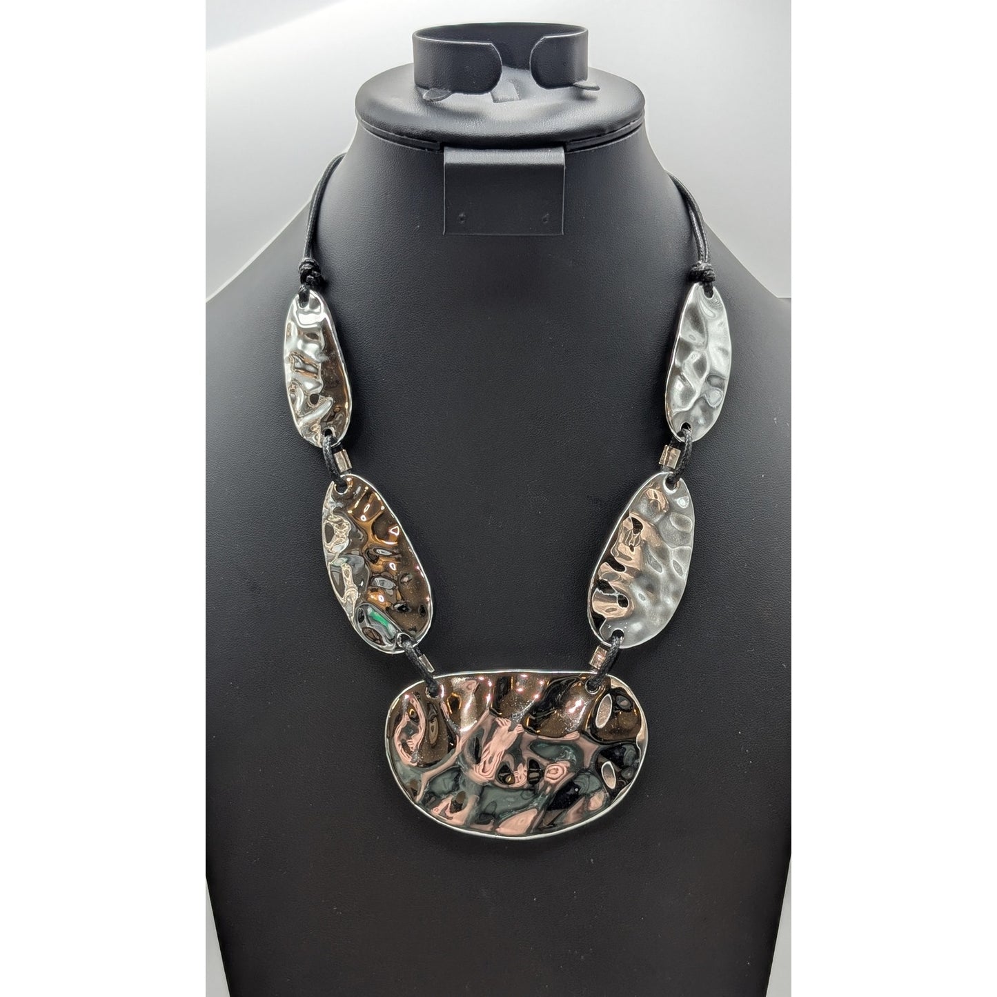Silver Tone Chunky Hammered Disk Corded 21.5" Necklace
