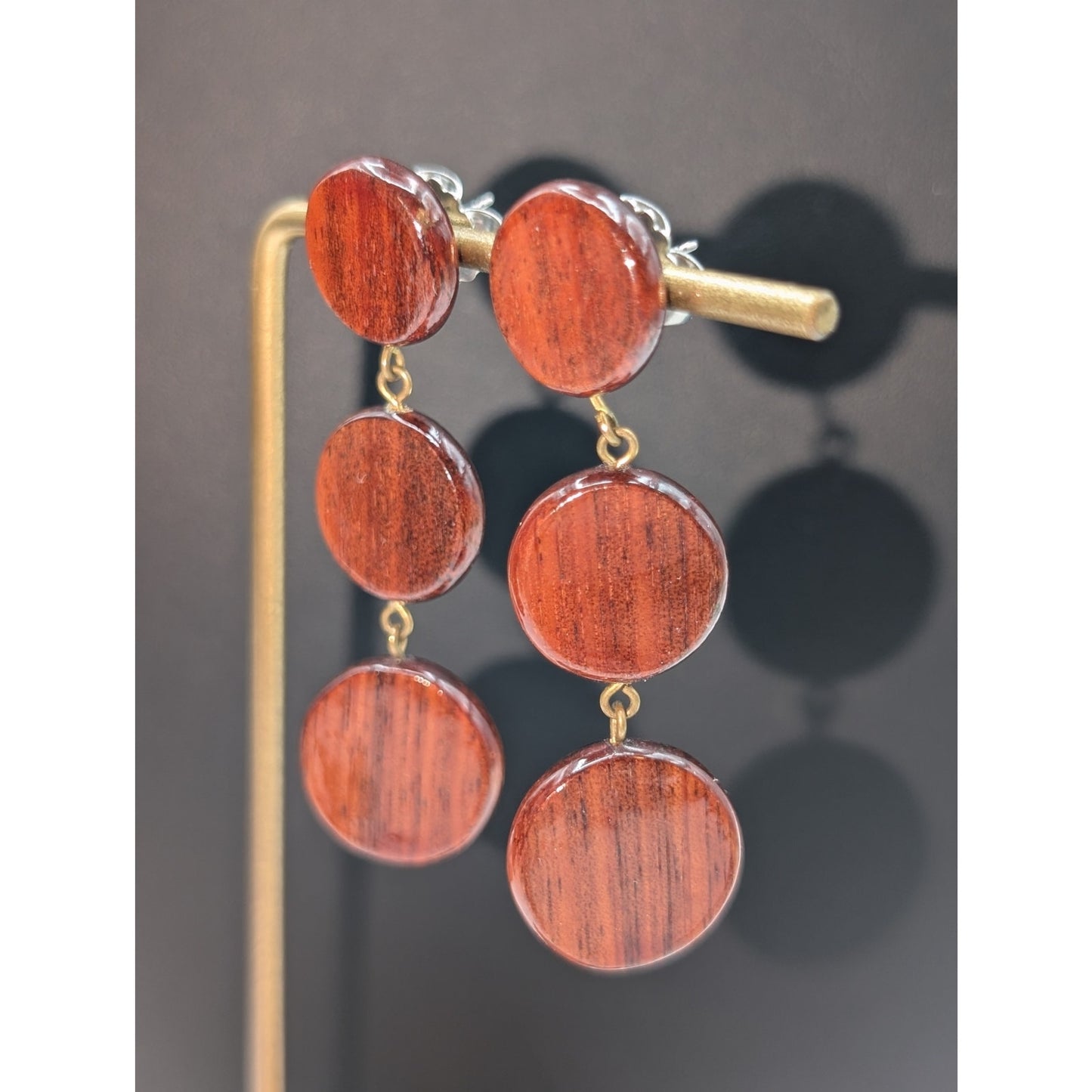 Vintage Three Disk Wood Dangle Earrings