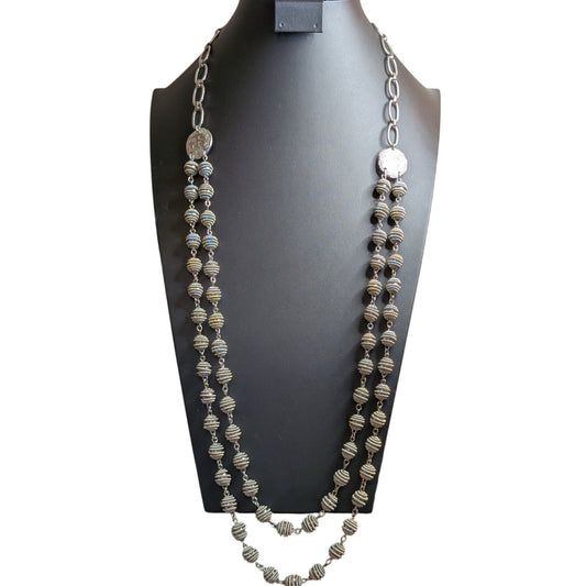 Chico's Designer Signed Chunky Silver Tone Bead Ball 1 to 2 Strand Necklace