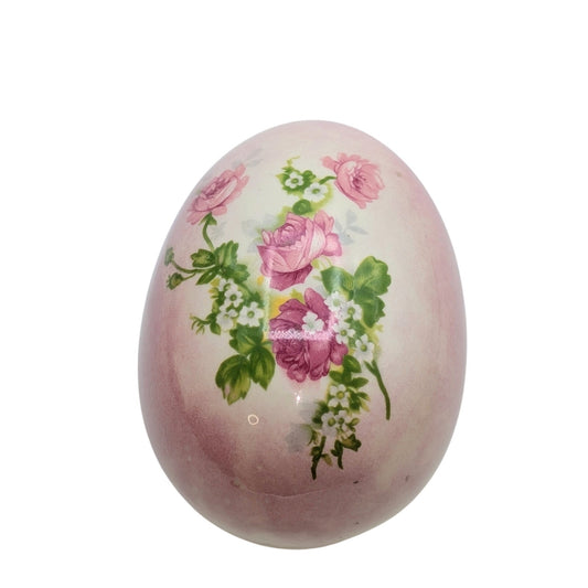 Vintage Pink Green White Painted Floral Decorative Ceramic Egg Signed H