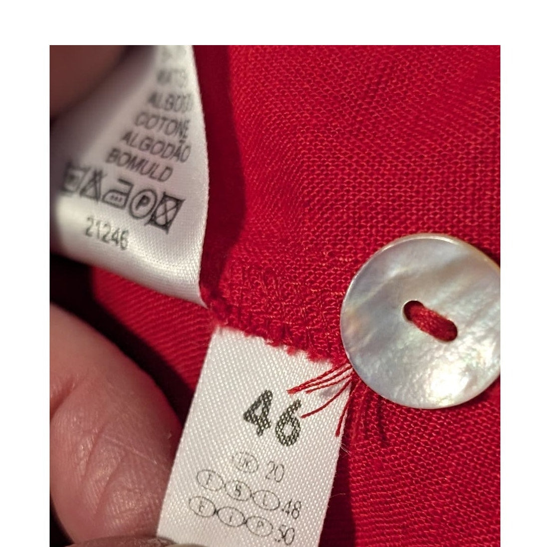 Red Linen Blend Tie Back Button Front V-Neck Short Sleeve A-Line Dress Sz XL