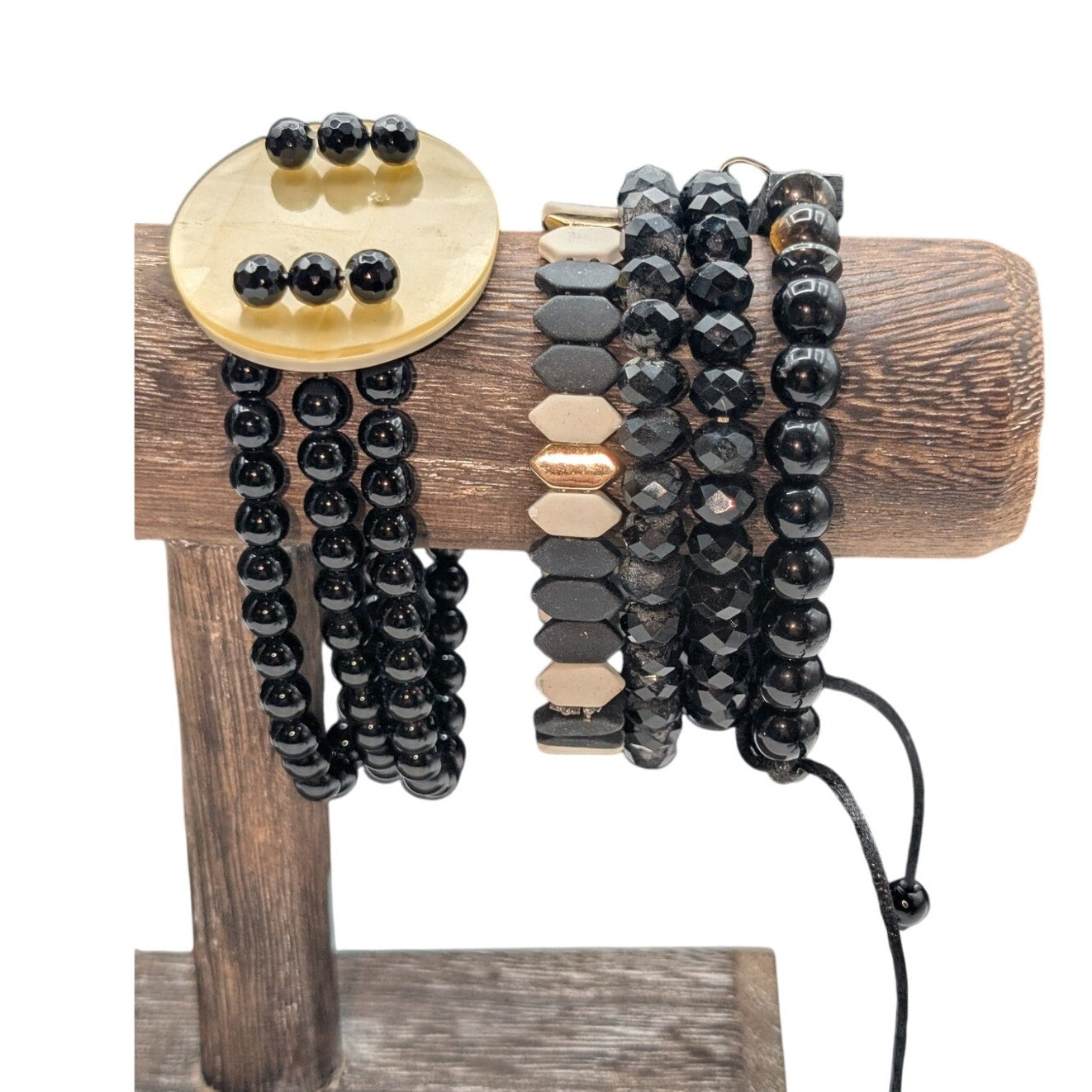 Lot of Eleven Black Theme Stone & Glass Bead Bracelets