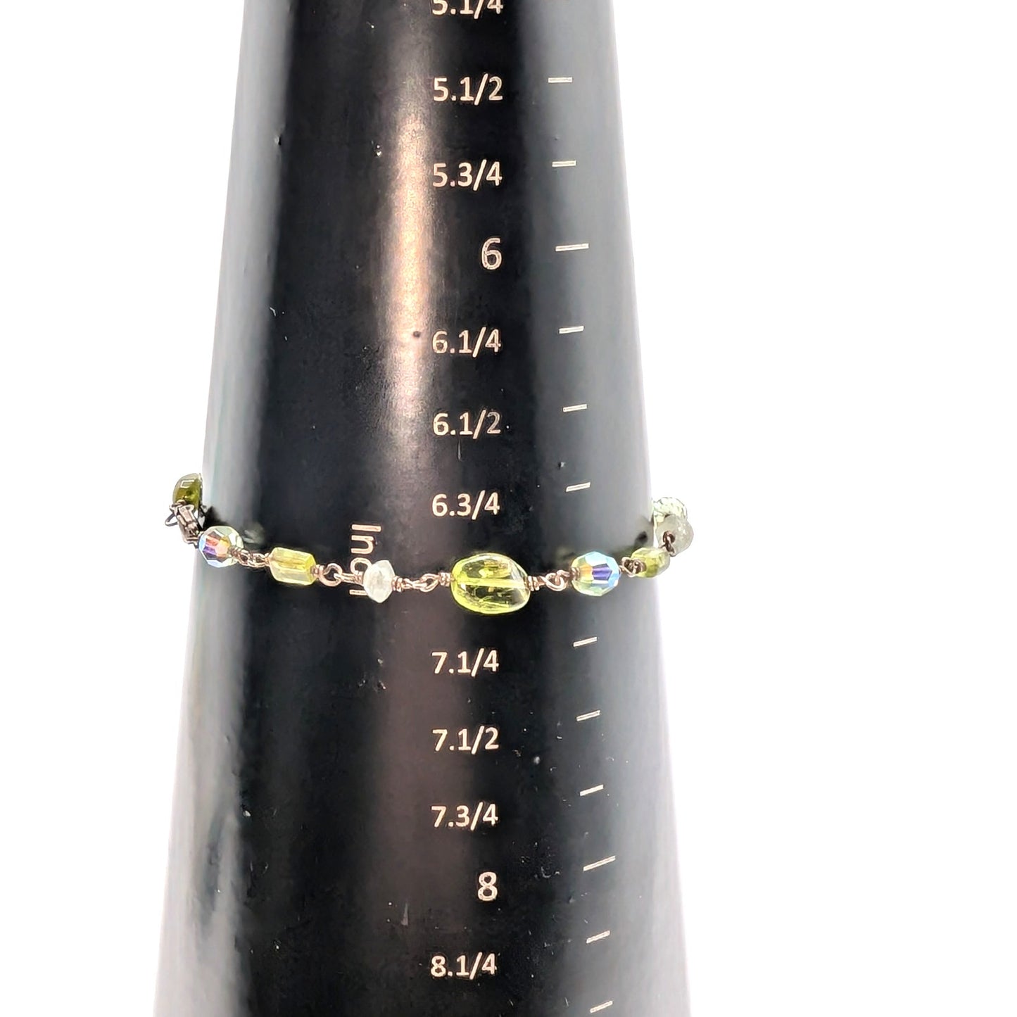 Vintage Peridot Quartz Glass Bead 925 Sterling Chain 7.25" Bracelet