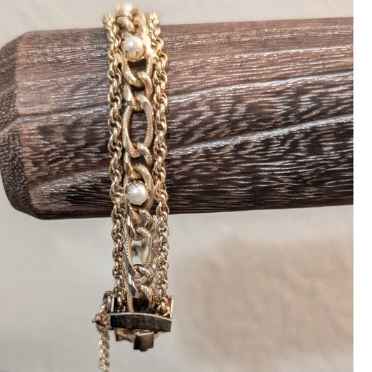 Vintage 1950s Mid-Century Exceptional Pearl Chain Link Bracelet W/ Safety Chain