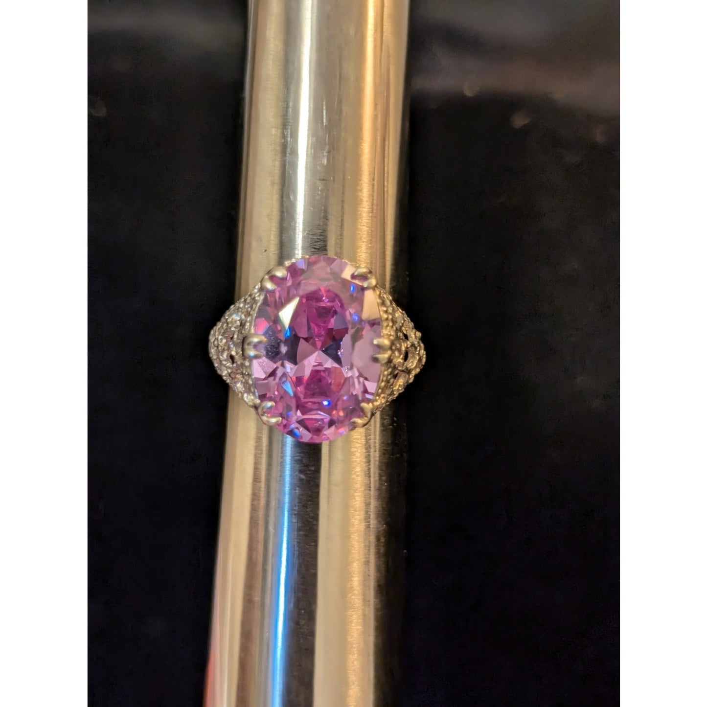 Large Brilliant Rose de France Crystal CZ 925 Sterling Filigree Ring Size 7.75