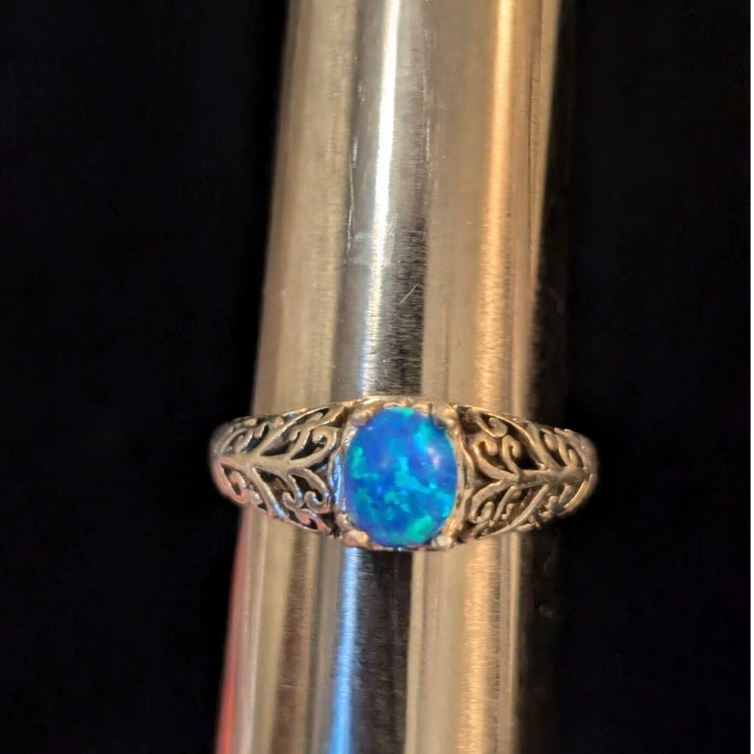 Brilliant Blue Opal Filigree 925 Sterling Silver MF Ring Size 8.5