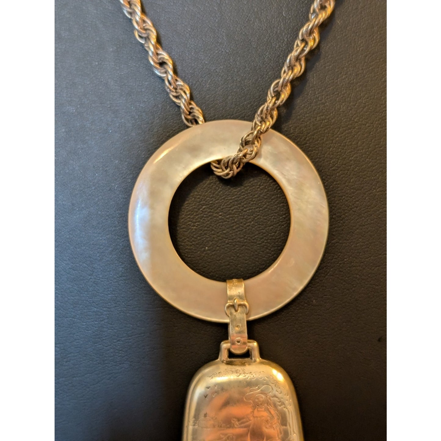 40s Sterling MOP Baby Teething Ring Mary Little Lamb Bell 26" Antique Rope Chain