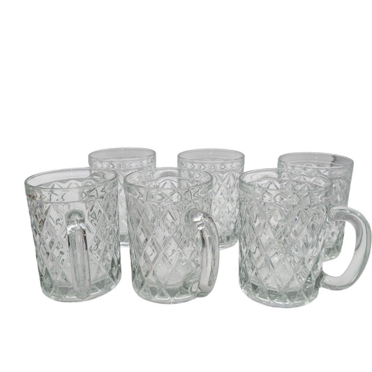 Set of Six Vintage Paul Sebastian Arcoroc Diamond Pattern Crystal Mugs