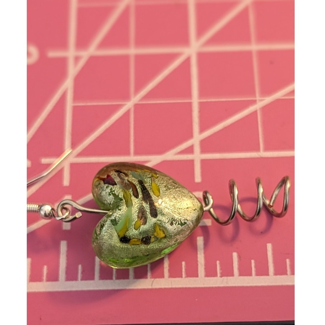 Green Foil Glass Gold Flecked Heart Bead Dangle Earrings