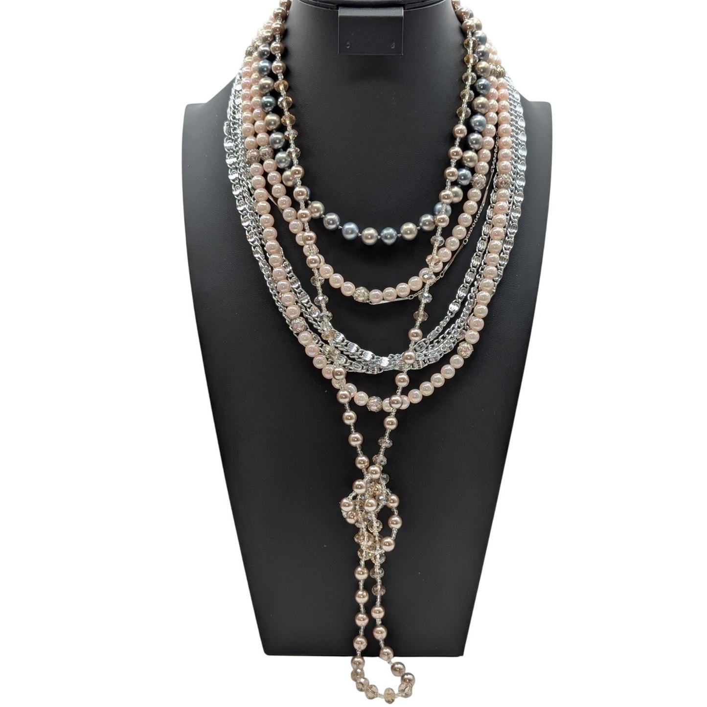 Lot of Five Vintage to Modern Silver Tone Pink & Gray Faux Pearl Necklaces