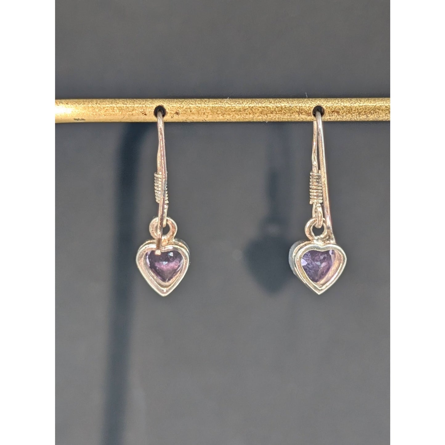 Vintage 925 Sterling Silver Amethyst Heart Dangle Wire Earrings