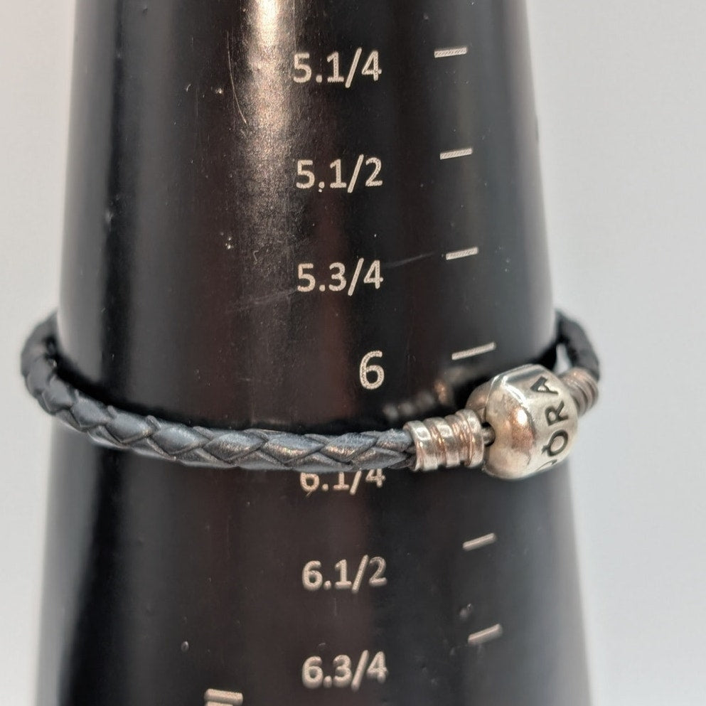 Vtg Pandora ALE Braided Black Leather 925 Sterling Silver Barrel Clasp Bracelet