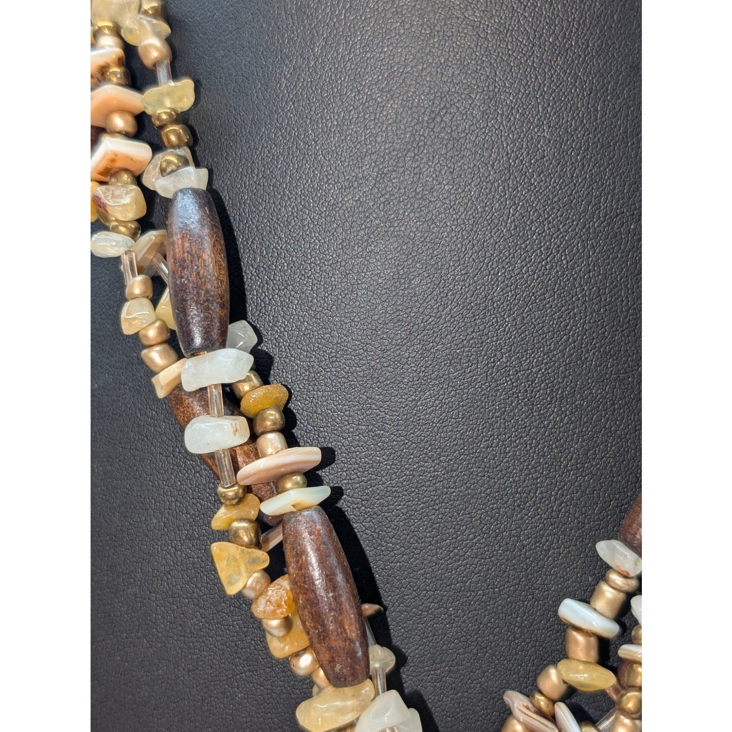 Vtg Cg Gold Tone Wood Stone Glass Pendant Triple Strand Bead Necklace