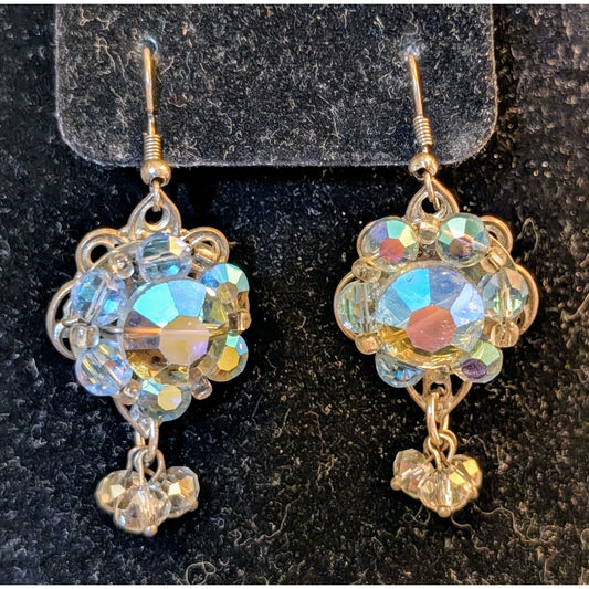Vintage AB Crystal Three Clear Crystal Dangle Pierced Earrings