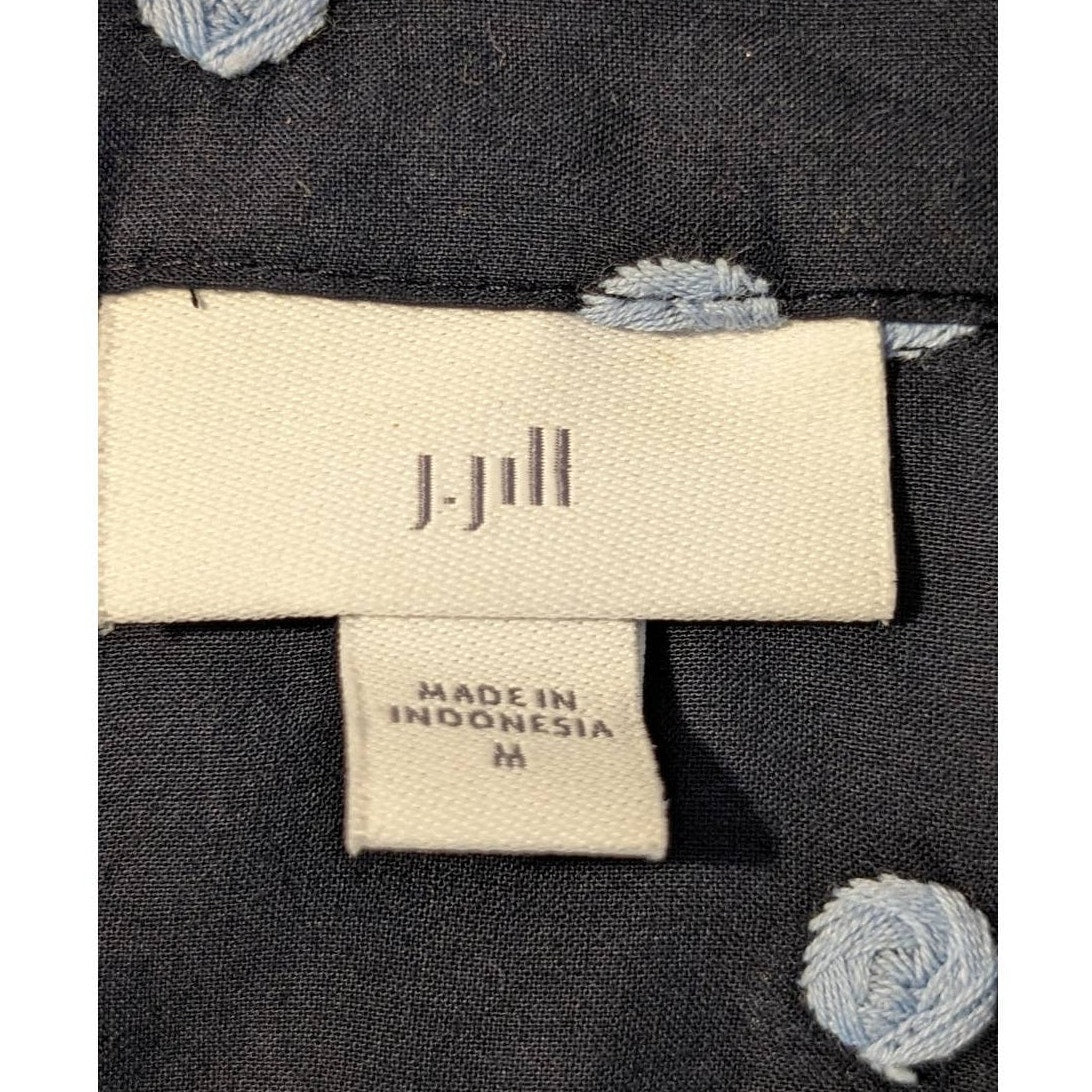 J Jill Navy Light Blue Embroidered Dot Oversized Button Up Blouse Womens Sz M
