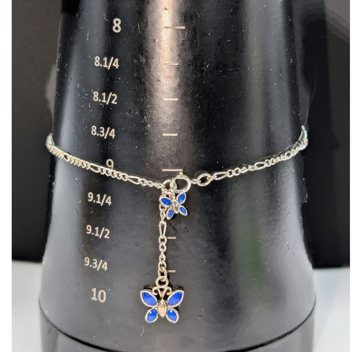 Vintage Figaro Chain Dangling Blue Enamel Butterfly 925 Sterling Silver Anklet