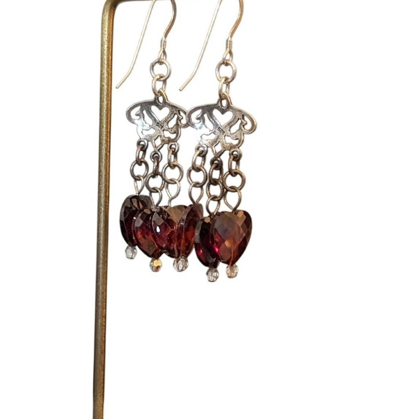 925 Sterling 'Bleeding Heart' Three Faceted Crystal Garnet Color Dangle Earrings