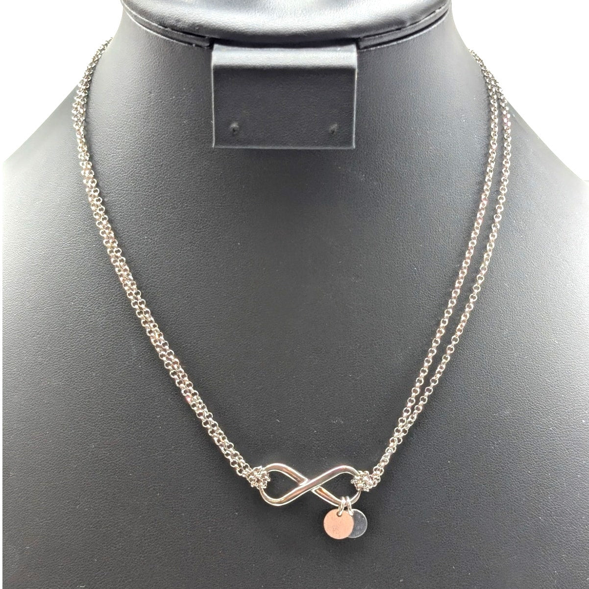 925 Sterling Silver Double Strand Chain Infinity Two Disk Dangle 18" Necklace