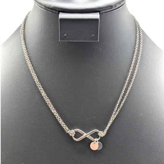 925 Sterling Silver Double Strand Chain Infinity Two Disk Dangle 18" Necklace